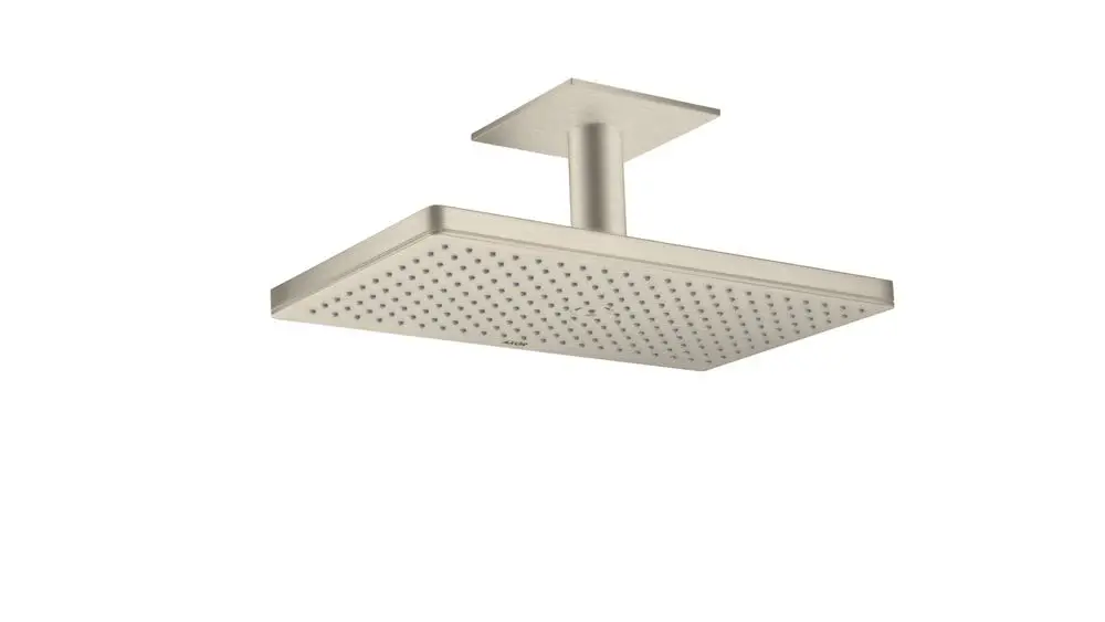 Deckenmontierte Kopfbrause aus gebürstetem Nickel mit rechteckiger Form und unterschiedlichen Strahlöffnungen. Hergestellt von AXOR.